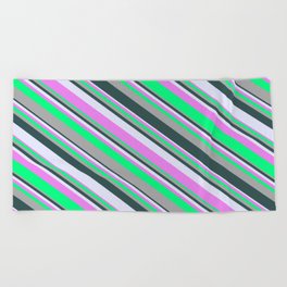 [ Thumbnail: Eyecatching Dark Gray, Dark Slate Gray, Lavender, Violet, and Green Colored Striped Pattern Beach Towel ]