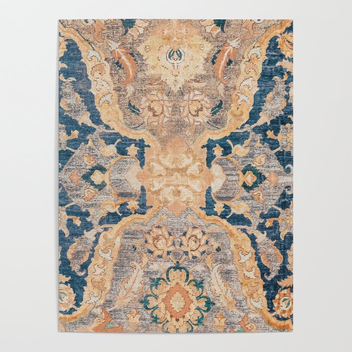 Persian Motif II // 17th Century Ornate Rose Gold Silver Royal Blue Yellow Flowery Accent Rug Patter Poster