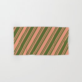 [ Thumbnail: Dark Salmon and Dark Olive Green Colored Striped/Lined Pattern Hand & Bath Towel ]