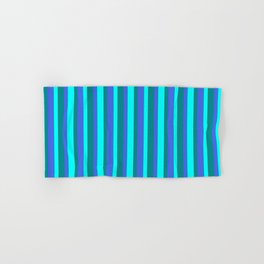 [ Thumbnail: Royal Blue, Dark Cyan, and Aqua Colored Stripes/Lines Pattern Hand & Bath Towel ]