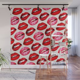 Lips Pattern - White Wall Mural