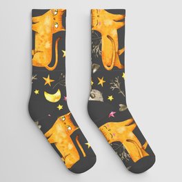 Valentine's day seamless pattern with cats, stars and moons. Watercolor night repeated pattern with cute cats. Socks
