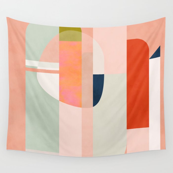 shapes modern mid-century peach pink coral mint Wall Tapestry