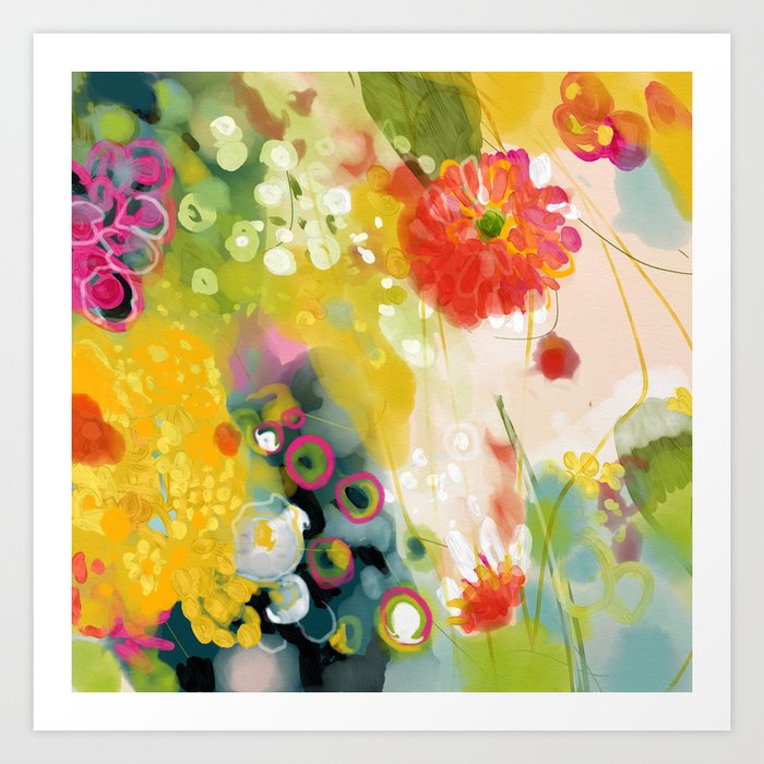 abstract floral art in yellow green and rose magenta colors Art Print by  lalunetricotee Art Paintings