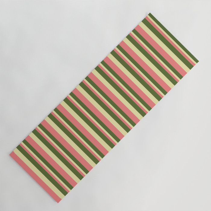 Dark Olive Green, Light Coral, and Pale Goldenrod Colored Lined/Striped Pattern Yoga Mat
