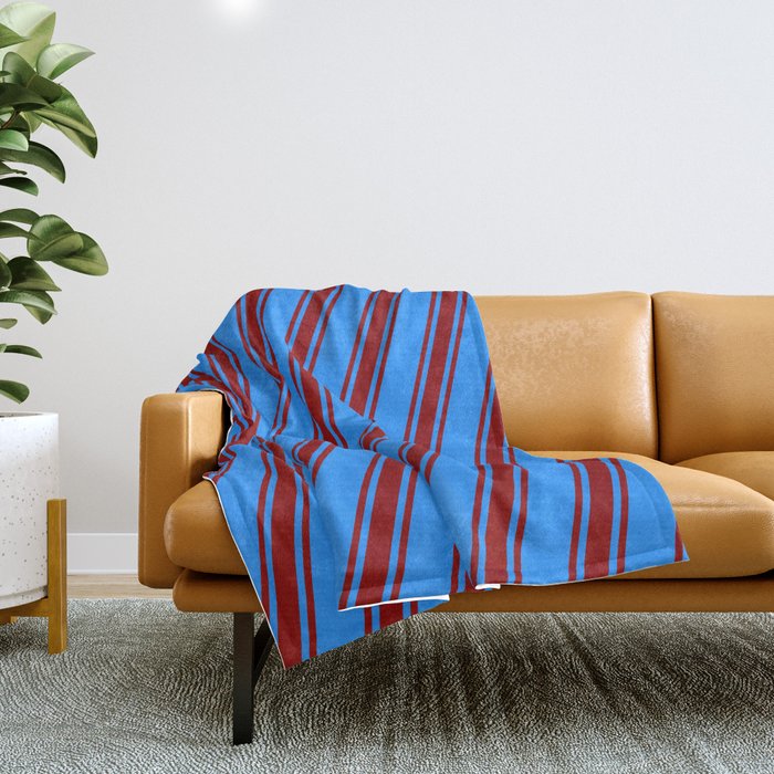Blue & Dark Red Colored Striped/Lined Pattern Throw Blanket