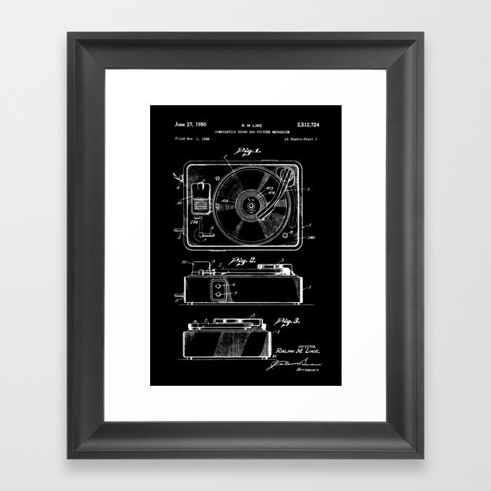 Turntable Patent - White on Black Framed Art Print
