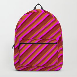 [ Thumbnail: Brown, Chocolate, Fuchsia, and Dark Red Colored Pattern of Stripes Backpack ]