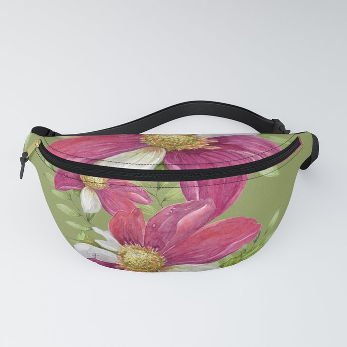 cosmos watercolor pattern on green background  Fanny Pack