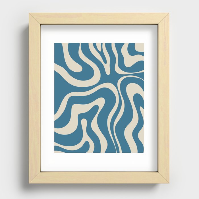 Modern Retro Liquid Swirl Abstract Pattern Vertical in Boho Blue and Beige Recessed Framed Print