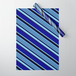[ Thumbnail: Blue, Black, Dark Blue & Sky Blue Colored Pattern of Stripes Wrapping Paper ]