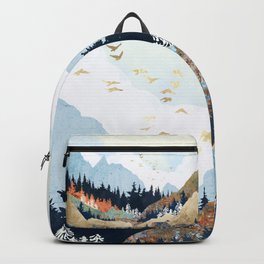 Spring Flight Backpack | Indigo, Curated, Green, Graphicdesign, Birds, Gold, Yellow, Nature, Flight, Forest 