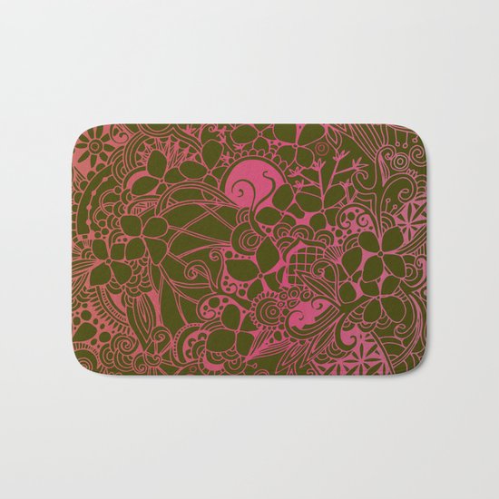 Olive square, pink floral doodle, zentangle inspired art Bath Mat