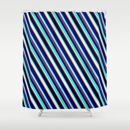 [ Thumbnail: Eyecatching Blue, Turquoise, Beige, Dark Slate Blue, and Black Colored Lined Pattern Shower Curtain ]