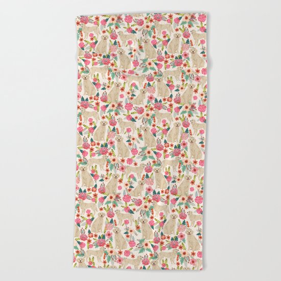 Golden retrievers must have florals cream pastel gender neutral dog art cute pet portraits labrador Beach Towel