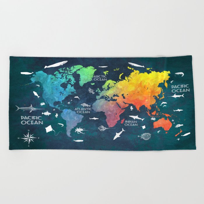 Ocean World Map Color Map Worldmap Beach Towel By Jbjart Society6