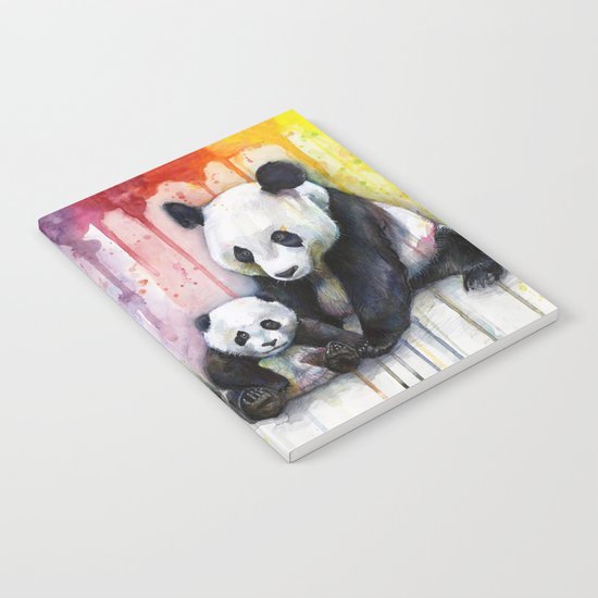 Pandas and Rainbow Watercolor Mom and Baby Panda Nursery Animals Notebook