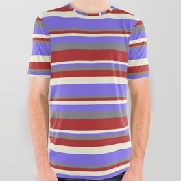 [ Thumbnail: Gray, Red, Beige & Medium Slate Blue Colored Stripes Pattern All Over Graphic Tee ]