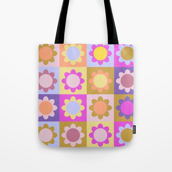 70s Retro sun flower checker  Tote Bag