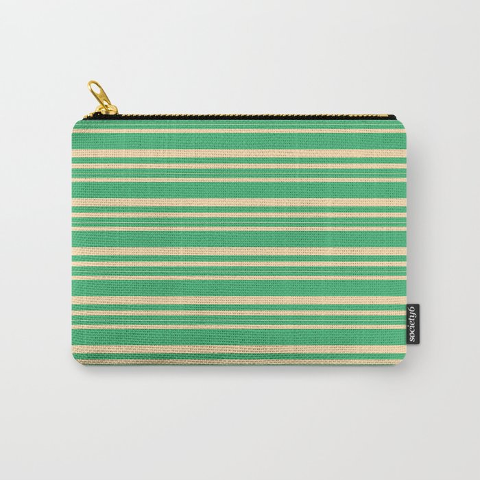 Sea Green and Tan Colored Lined/Striped Pattern Carry-All Pouch