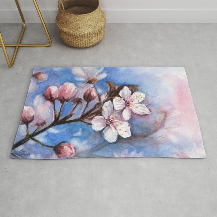 Cherry Blossoms Watercolor Spring Flowers Rug By Olechka Society6