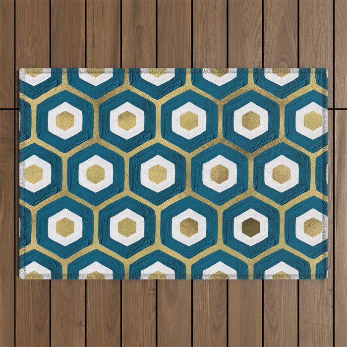 Hexagon Honeycomb Pattern – Teal & Gold Outdoor Rug