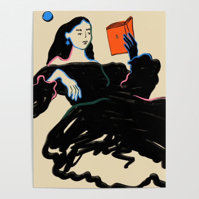 MIDNIGHT READING Poster | Drawing, Drawing, Digital, Graphite, Chalk-charcoal, Woman, Book, Reading, Moon, Night