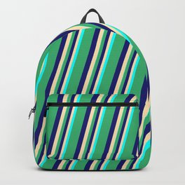 [ Thumbnail: Sea Green, Midnight Blue, Beige & Cyan Colored Lines Pattern Backpack ]