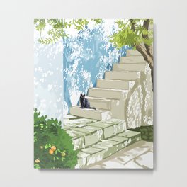 Black cat on the steps Poster, Greece Santorini summer travel pet painting Metal Print | Botanical, Animal, Nature, Painting, Cats, Boho, Summer, Travel, Pets, Pet 