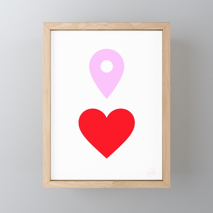 Drop Pin Heart Minimalist Modern Map Icon Pink And Valentine Red Mid-Century Bold You Are Here Wall Art Print Framed Mini Art Print
