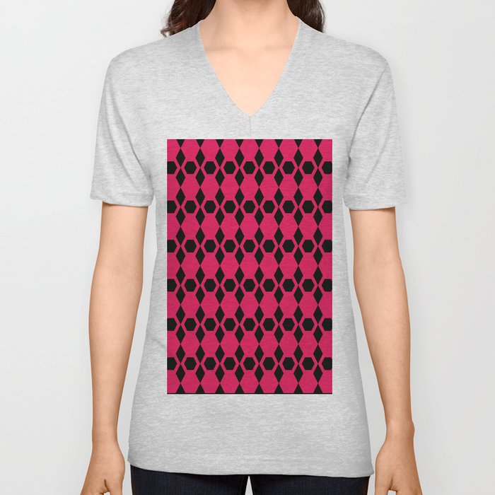 Hot Pink and Black Honeycomb Pattern V Neck T Shirt