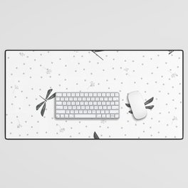 Dark Grey Dragonfly Christmas seamless pattern and Grey Confetti on White Background Desk Mat