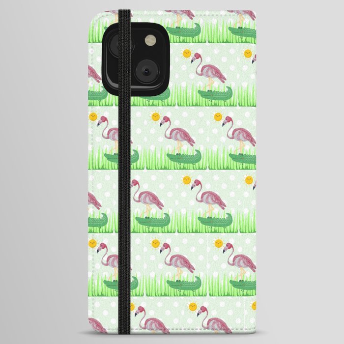 Green Pink Flamingo Alligator Quilt Pattern iPhone Wallet Case