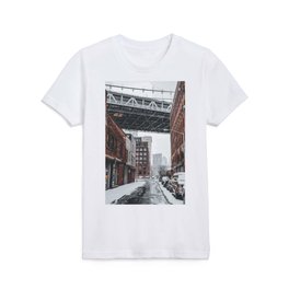 Manhattan Bridge in DUMBO during winter snowstorm blizzard in New York City Kids T Shirt