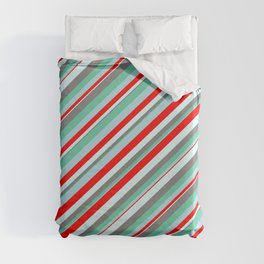[ Thumbnail: Eyecatching Aquamarine, Powder Blue, Red, Light Cyan, and Gray Colored Lines Pattern Duvet Cover ]