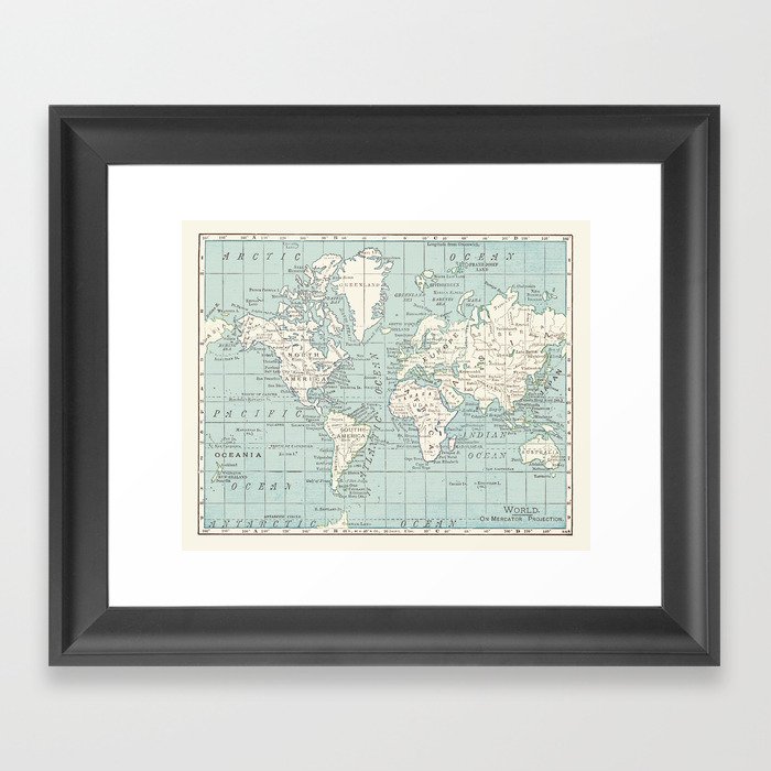World Map in Blue and Cream Framed Art Print