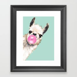 Bubble Gum Sneaky Llama in Green Framed Art Print