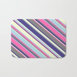 [ Thumbnail: Colorful Hot Pink, Gray, Dark Slate Blue, Light Yellow, and Light Blue Colored Stripes/Lines Pattern Bath Mat ]