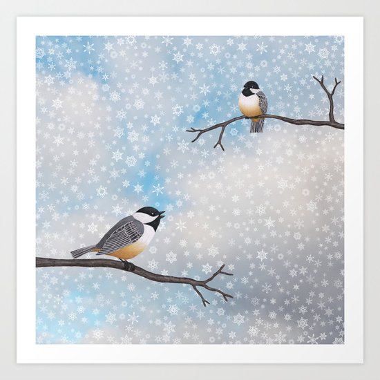 chickadees in snow Art Print