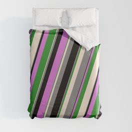 [ Thumbnail: Vibrant Beige, Gray, Black, Orchid & Forest Green Colored Stripes Pattern Duvet Cover ]