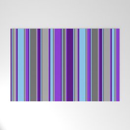 [ Thumbnail: Eye-catching Light Sky Blue, Indigo, Purple, Dark Gray & Dim Grey Colored Lines Pattern Welcome Mat ]