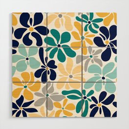 Colorful Abstract Flowers, Navy, Teal, Yellow and Gray Wood Wall Art