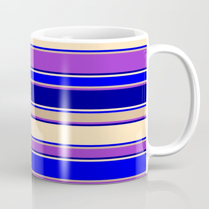 Colorful Dark Orchid, Dark Blue, Beige, Blue & Tan Colored Striped Pattern Coffee Mug
