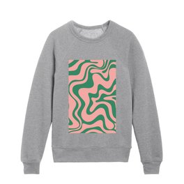 Liquid Swirl Contemporary Abstract Pattern in Blush Pink and Jade Green Kids Crewneck
