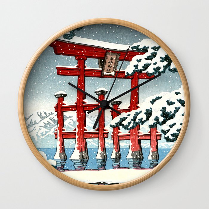 Miyajima Shrine in Snow by Kawase Hasui - Japanese Vintage Woodblock Ukiyo-e Painting Wall Clock