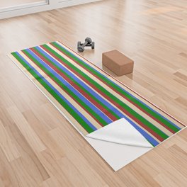 [ Thumbnail: Tan, Royal Blue, Green, and Brown Colored Stripes/Lines Pattern Yoga Towel ]