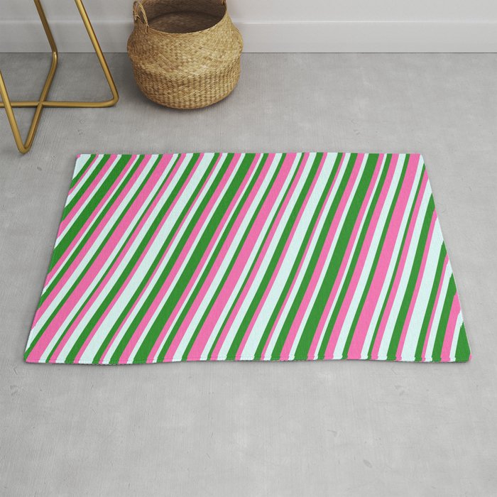 Forest Green, Hot Pink, and Light Cyan Colored Stripes/Lines Pattern Rug