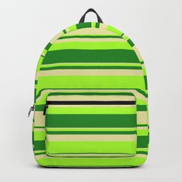 [ Thumbnail: Light Green, Forest Green, and Pale Goldenrod Colored Lines Pattern Backpack ]