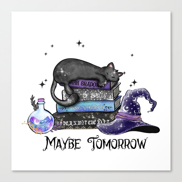 Cat with witch books halloween design Canvas Print
