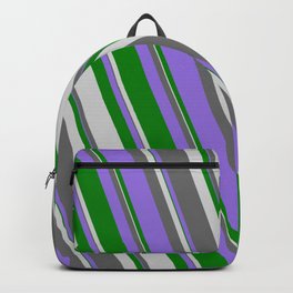 [ Thumbnail: Dim Gray, Purple, Green & Light Grey Colored Lined Pattern Backpack ]